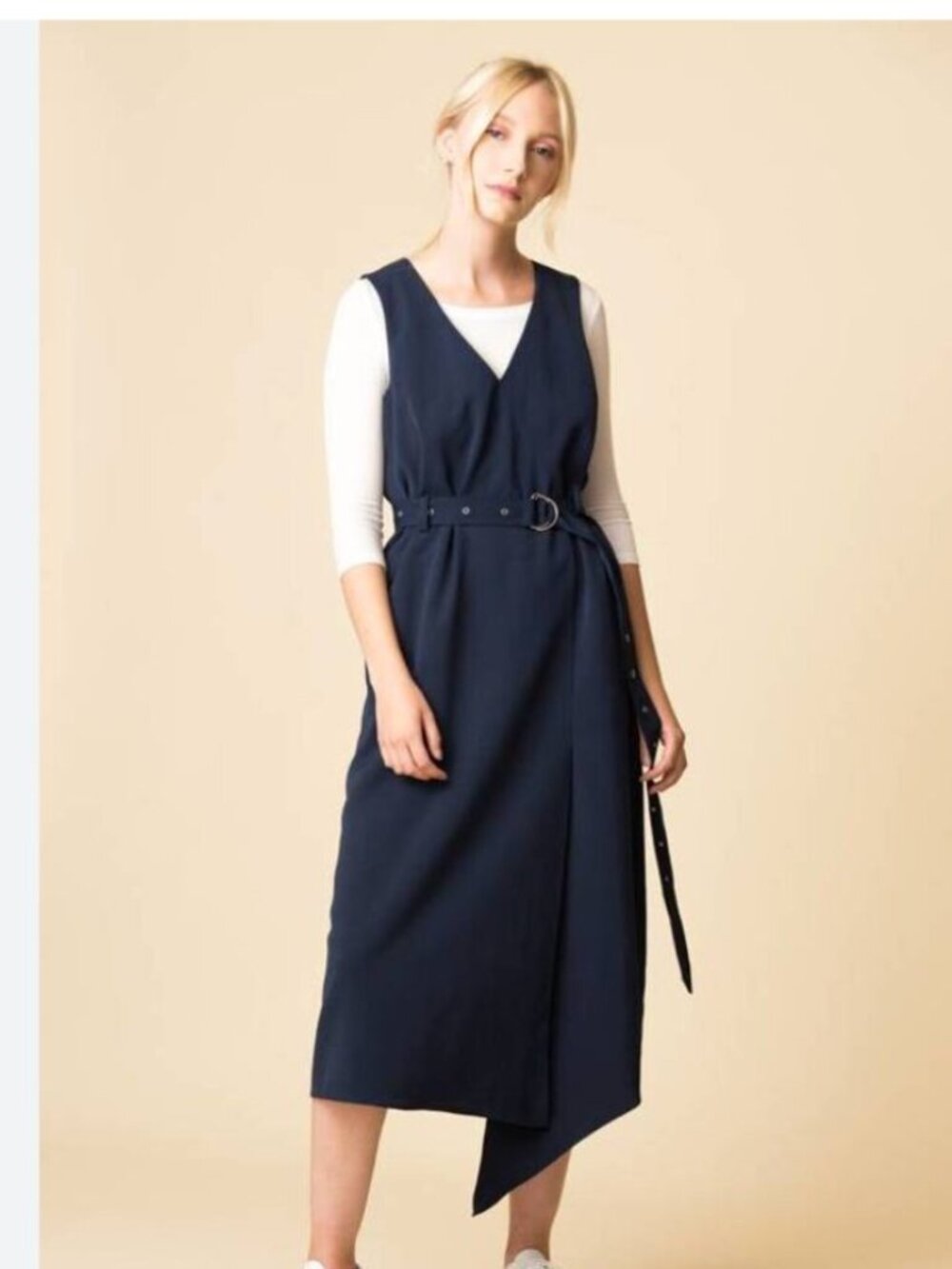Tibi Navy Sleeveless Midi Dress with Belt